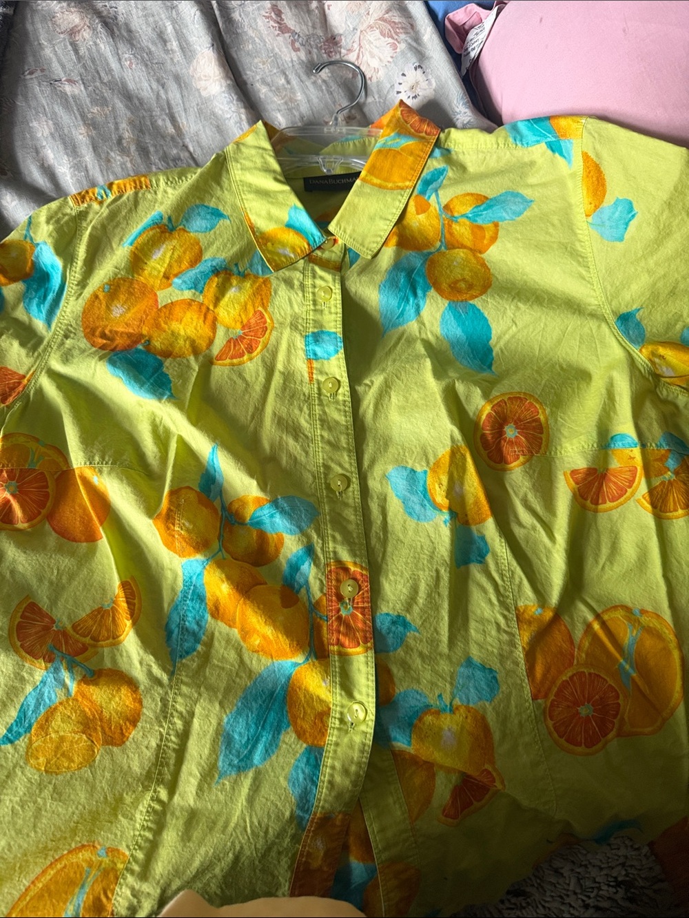 Dana Buchman Lime Green Citrus-Print Short Sleeve Button-Up Shirt